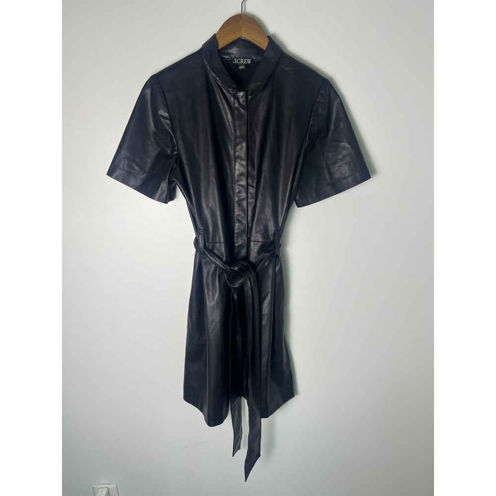 J.Crew Faux Leather Shirt Dress M Black Short Sleeve Belt Mini Edgy Classy Chic